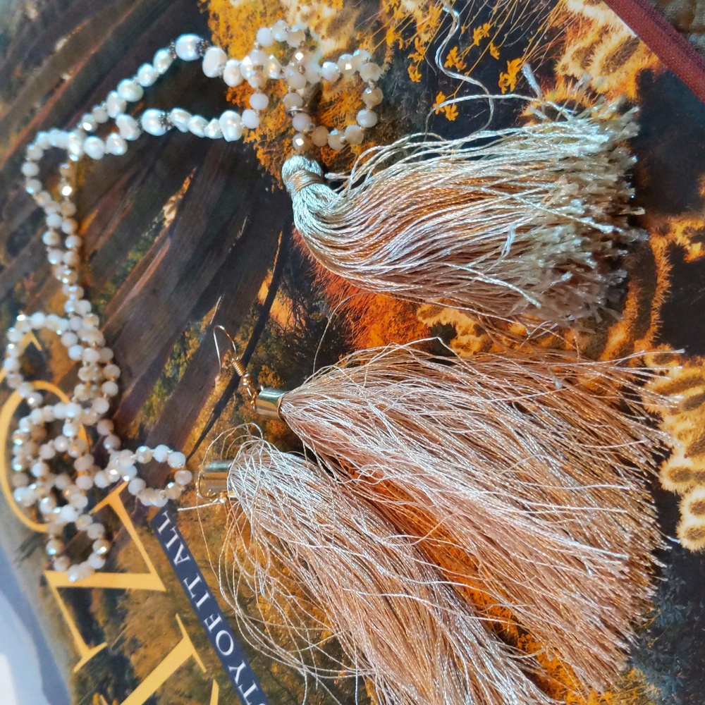 Tassel necklace and earring set with faux fresh water pearls